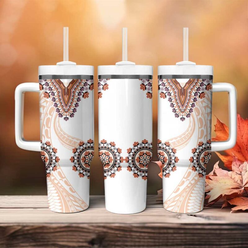 Africa Dashiki With Polynesian Beige Custom Stanley Quencher 40oz Stainless Steel Tumbler With Handle - Threewoofs - Image 4