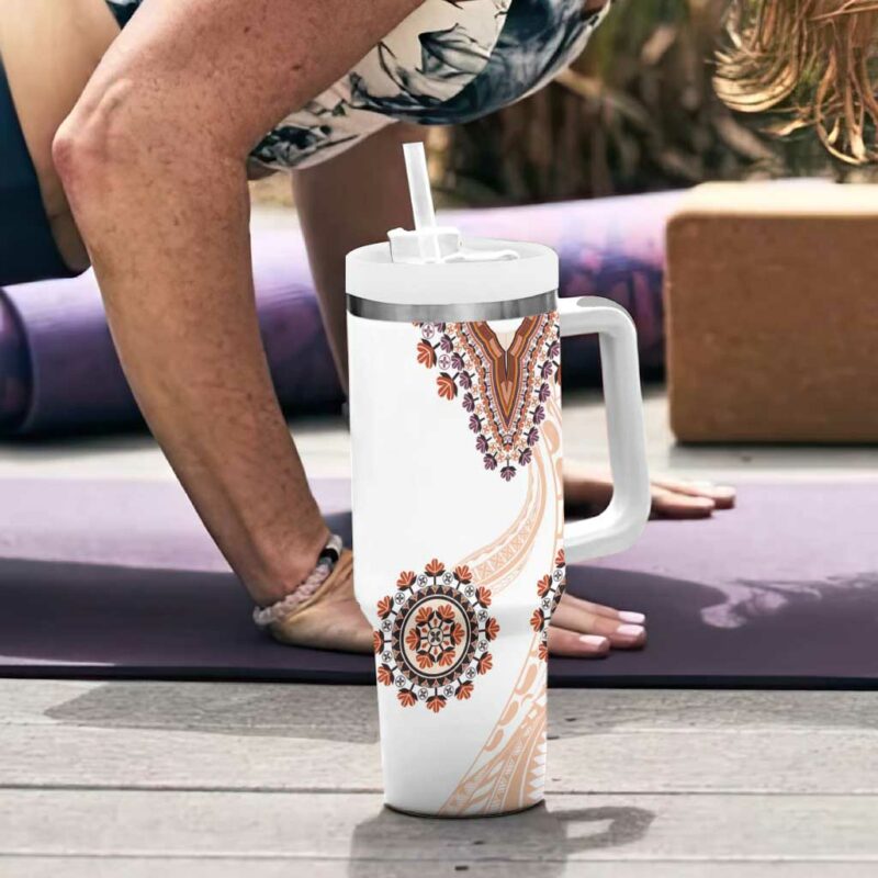 Africa Dashiki With Polynesian Beige Custom Stanley Quencher 40oz Stainless Steel Tumbler With Handle - Threewoofs - Image 6
