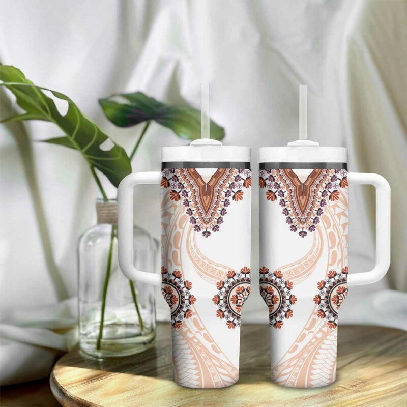 Africa Dashiki With Polynesian Beige Custom Stanley Quencher 40oz Stainless Steel Tumbler With Handle - Threewoofs - Image 9