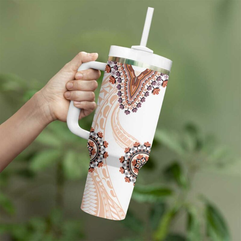 Africa Dashiki With Polynesian Beige Custom Stanley Quencher 40oz Stainless Steel Tumbler With Handle - Threewoofs - Image 3