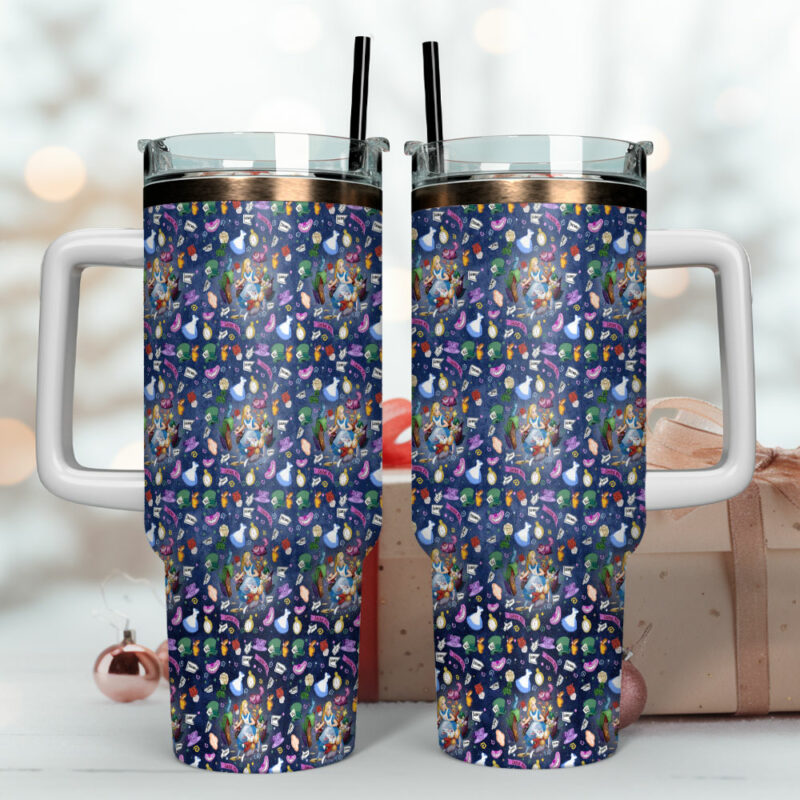Alice In Wonderland Cartoon Custom Stanley Quencher 40oz Stainless Steel Tumbler With Handle - Threewoofs - Image 4