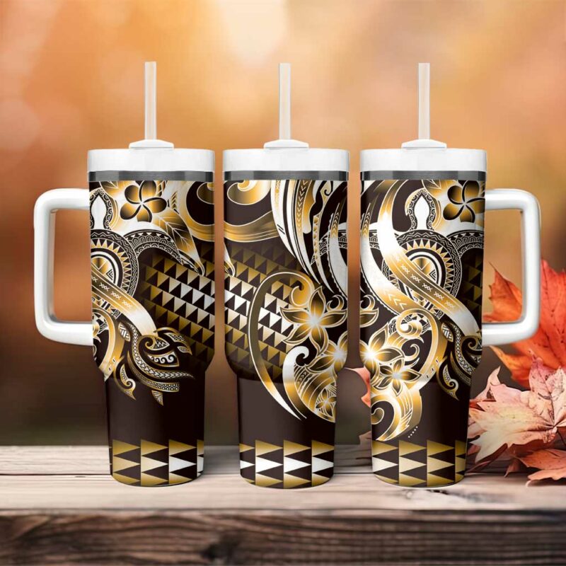 Aloha Gold Tribal Honu Tattoo Custom Stanley Quencher 40oz Stainless Steel Tumbler With Handle - Threewoofs - Image 4
