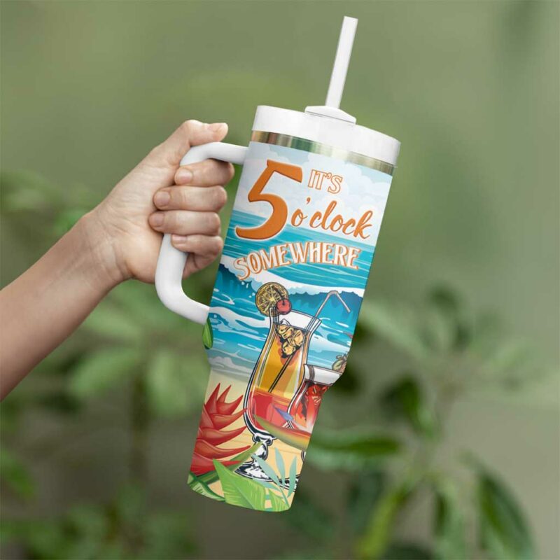 Aloha Hawaii Christmas It‚Äôs 5 o‚Äôclock Somewhere Custom Stanley Quencher 40oz Stainless Steel Tumbler With Handle - Threewoofs - Image 3