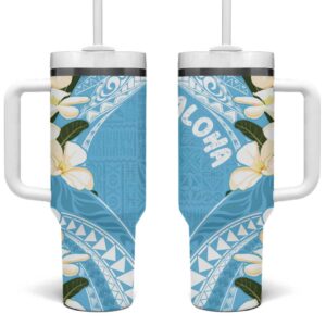 Aloha Hawaii Festive Frangipani Lace Classic Turquoise Custom Stanley Quencher 40oz Stainless Steel Tumbler With Handle - Threewoofs