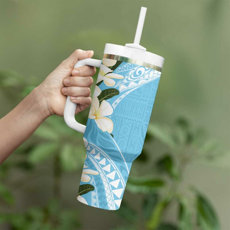 Aloha Hawaii Festive Frangipani Lace Classic Turquoise Custom Stanley Quencher 40oz Stainless Steel Tumbler With Handle - Threewoofs - Image 3