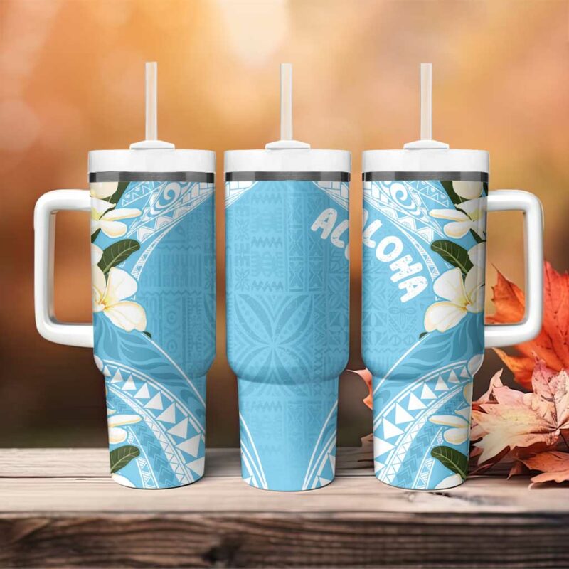 Aloha Hawaii Festive Frangipani Lace Classic Turquoise Custom Stanley Quencher 40oz Stainless Steel Tumbler With Handle - Threewoofs - Image 4