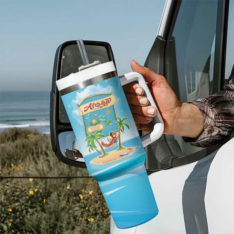 Aloha Hawaii Funny Macaw Parrot Tropical Custom Stanley Quencher 40oz Stainless Steel Tumbler With Handle - Threewoofs - Image 7