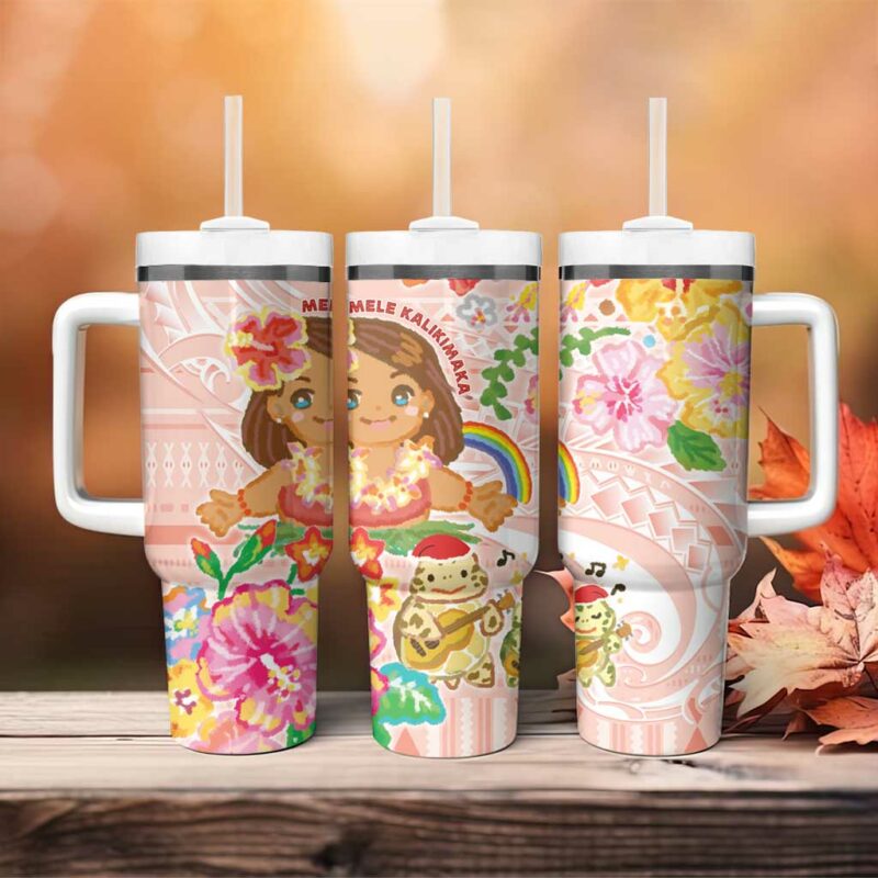 Aloha Hawaii Kawaii Mele Kalikimaka Pastel Fever Custom Stanley Quencher 40oz Stainless Steel Tumbler With Handle - Threewoofs - Image 4