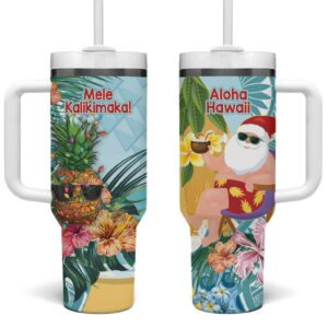 Aloha Hawaii Mele Kalikimaka Chilling Santa With Pineapple Polynesian Custom Stanley Quencher 40oz Stainless Steel Tumbler With Handle - Threewoofs