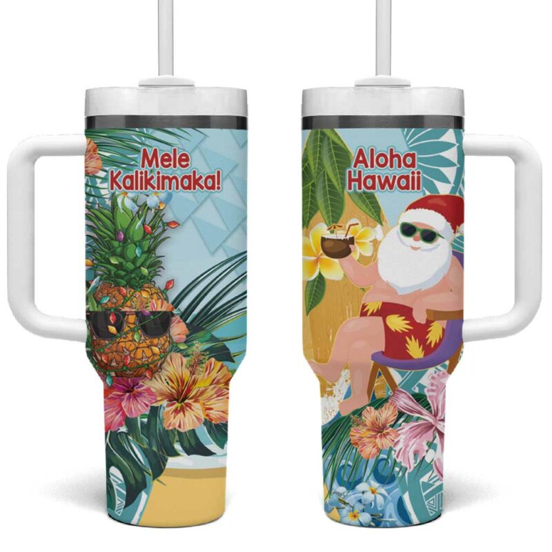 Aloha Hawaii Mele Kalikimaka Chilling Santa With Pineapple Polynesian Custom Stanley Quencher 40oz Stainless Steel Tumbler With Handle - Threewoofs
