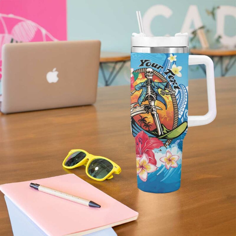 Aloha Hawaii Skeleton Surfing Tribal Shark Plumeria Custom Stanley Quencher 40oz Stainless Steel Tumbler With Handle - Threewoofs - Image 5
