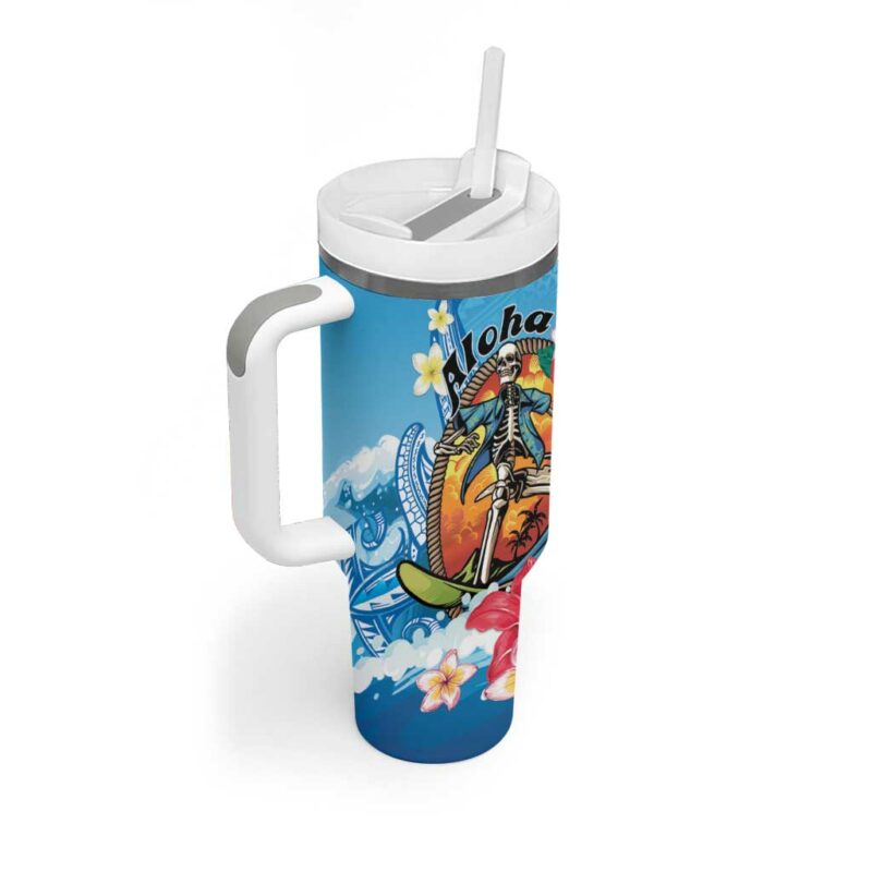 Aloha Hawaii Skeleton Surfing Tribal Shark Plumeria Custom Stanley Quencher 40oz Stainless Steel Tumbler With Handle - Threewoofs - Image 2
