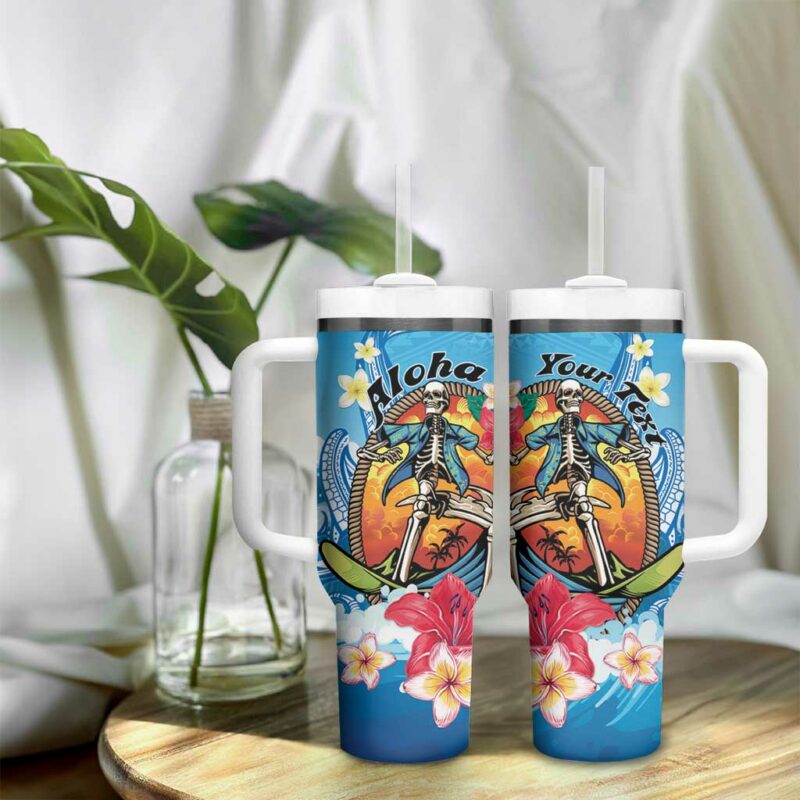 Aloha Hawaii Skeleton Surfing Tribal Shark Plumeria Custom Stanley Quencher 40oz Stainless Steel Tumbler With Handle - Threewoofs - Image 9