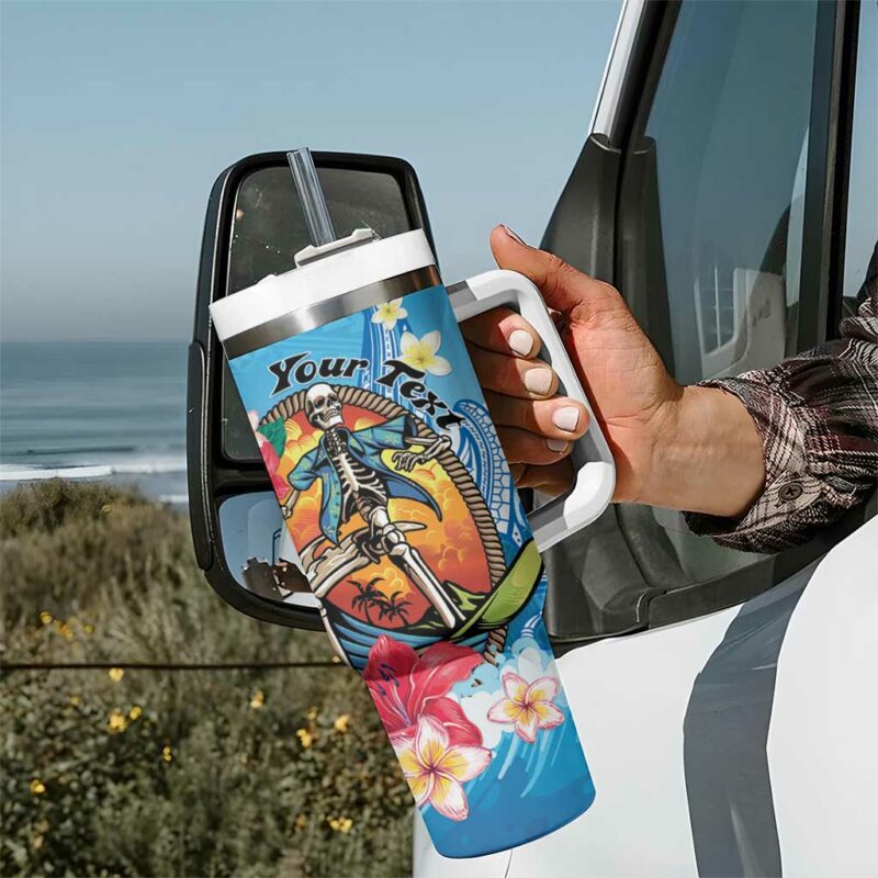 Aloha Hawaii Skeleton Surfing Tribal Shark Plumeria Custom Stanley Quencher 40oz Stainless Steel Tumbler With Handle - Threewoofs - Image 7