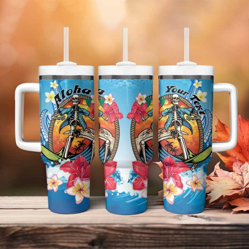 Aloha Hawaii Skeleton Surfing Tribal Shark Plumeria Custom Stanley Quencher 40oz Stainless Steel Tumbler With Handle - Threewoofs - Image 4