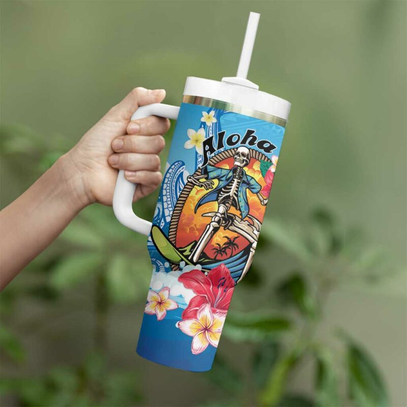 Aloha Hawaii Skeleton Surfing Tribal Shark Plumeria Custom Stanley Quencher 40oz Stainless Steel Tumbler With Handle - Threewoofs - Image 3