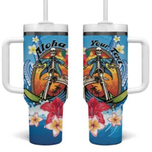Aloha Hawaii Skeleton Surfing Tribal Shark Plumeria Custom Stanley Quencher 40oz Stainless Steel Tumbler With Handle - Threewoofs