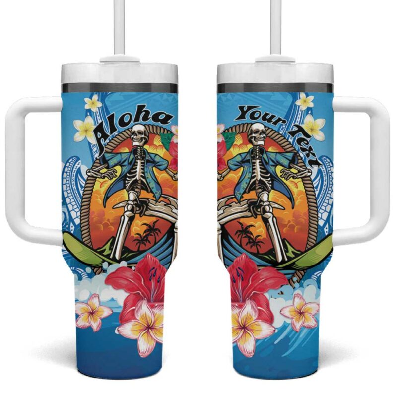 Aloha Hawaii Skeleton Surfing Tribal Shark Plumeria Custom Stanley Quencher 40oz Stainless Steel Tumbler With Handle - Threewoofs