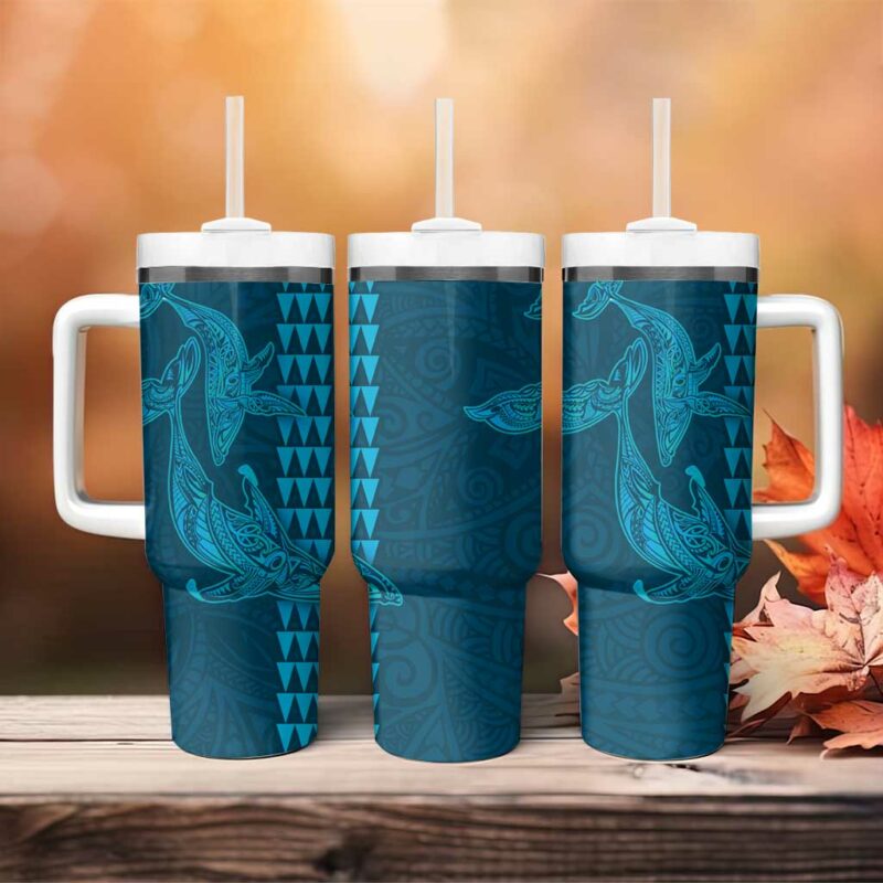 Aloha Hawaii Whale Kakau and Polynesian Tattoo Light Blue Color Custom Stanley Quencher 40oz Stainless Steel Tumbler With Handle - Threewoofs - Image 4