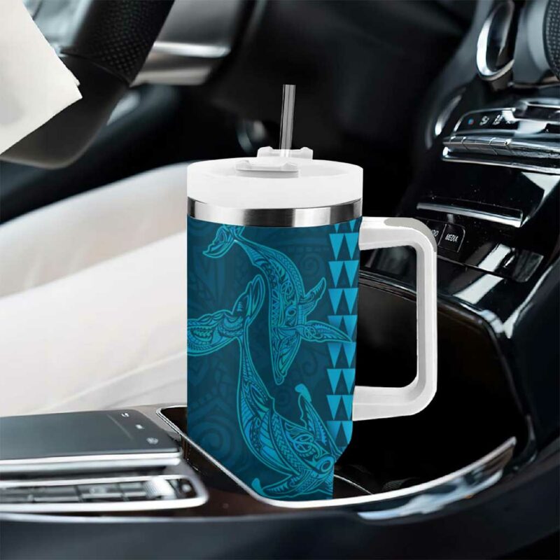 Aloha Hawaii Whale Kakau and Polynesian Tattoo Light Blue Color Custom Stanley Quencher 40oz Stainless Steel Tumbler With Handle - Threewoofs - Image 8