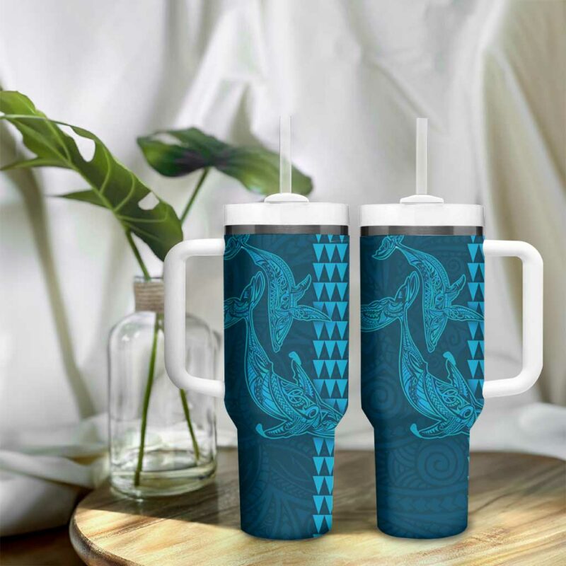 Aloha Hawaii Whale Kakau and Polynesian Tattoo Light Blue Color Custom Stanley Quencher 40oz Stainless Steel Tumbler With Handle - Threewoofs - Image 9