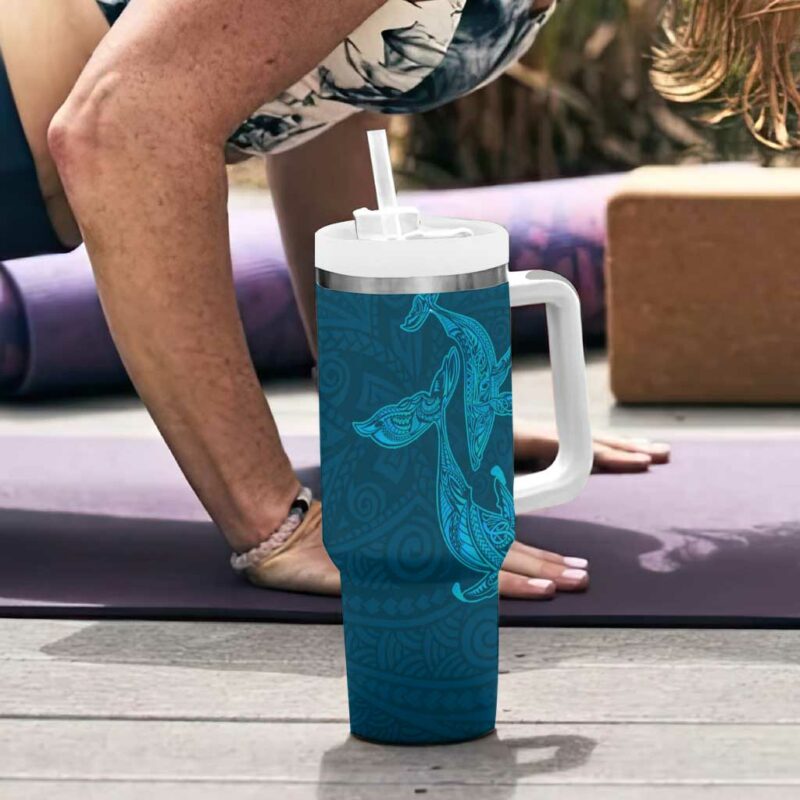 Aloha Hawaii Whale Kakau and Polynesian Tattoo Light Blue Color Custom Stanley Quencher 40oz Stainless Steel Tumbler With Handle - Threewoofs - Image 6