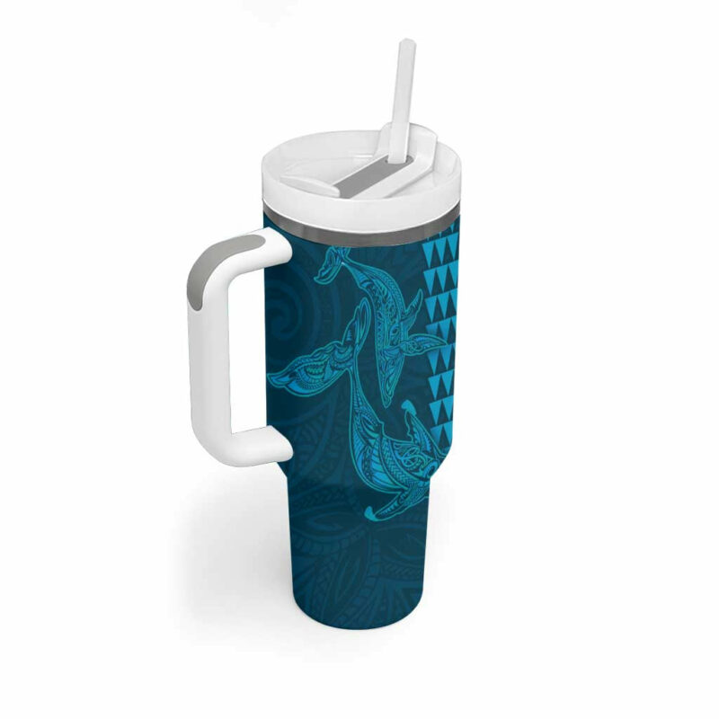 Aloha Hawaii Whale Kakau and Polynesian Tattoo Light Blue Color Custom Stanley Quencher 40oz Stainless Steel Tumbler With Handle - Threewoofs - Image 2
