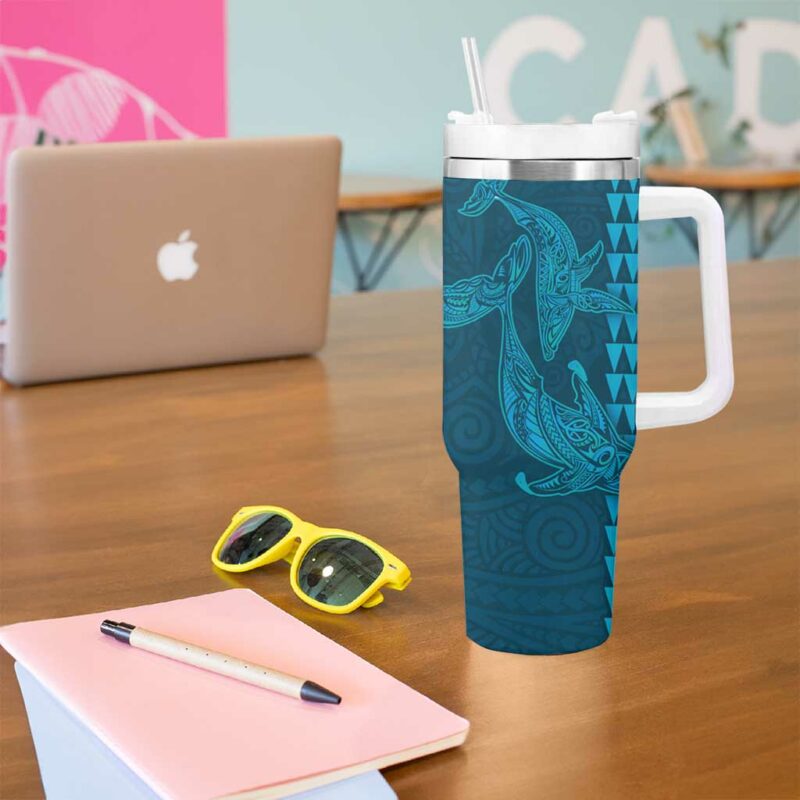 Aloha Hawaii Whale Kakau and Polynesian Tattoo Light Blue Color Custom Stanley Quencher 40oz Stainless Steel Tumbler With Handle - Threewoofs - Image 5