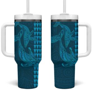 Aloha Hawaii Whale Kakau and Polynesian Tattoo Light Blue Color Custom Stanley Quencher 40oz Stainless Steel Tumbler With Handle - Threewoofs