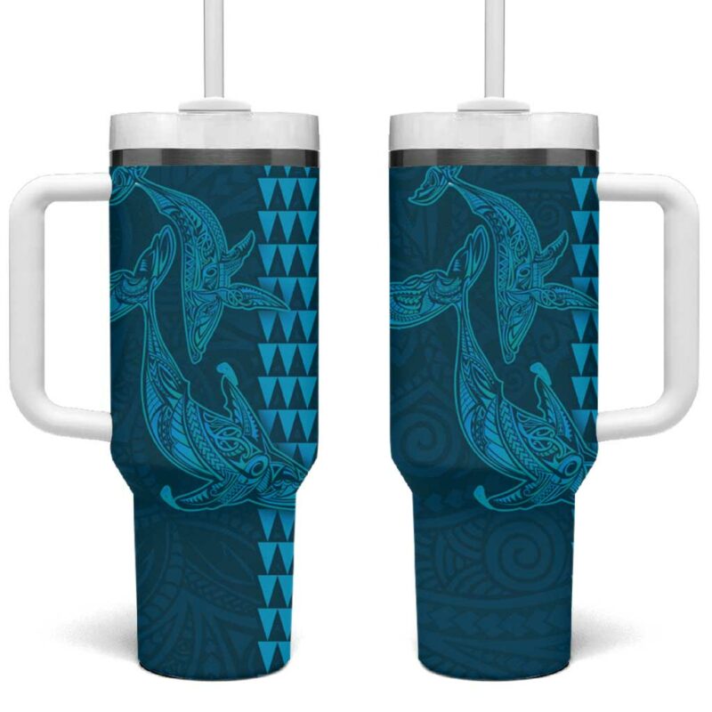 Aloha Hawaii Whale Kakau and Polynesian Tattoo Light Blue Color Custom Stanley Quencher 40oz Stainless Steel Tumbler With Handle - Threewoofs