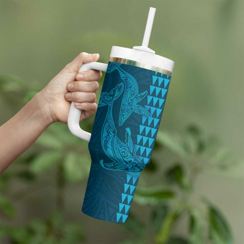 Aloha Hawaii Whale Kakau and Polynesian Tattoo Light Blue Color Custom Stanley Quencher 40oz Stainless Steel Tumbler With Handle - Threewoofs - Image 3