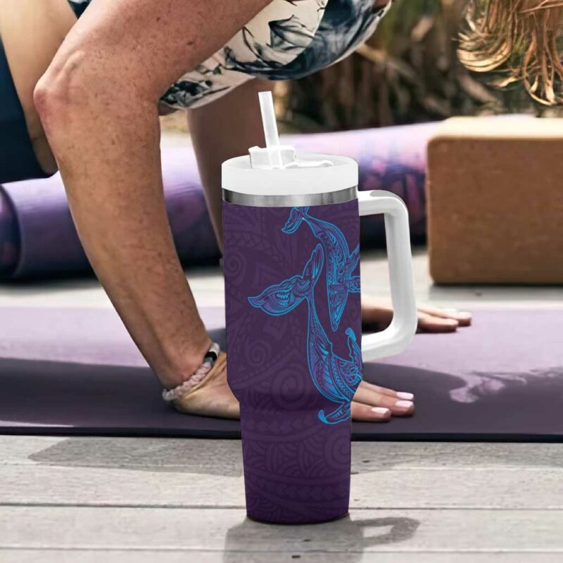 Aloha Hawaii Whale Kakau and Polynesian Tattoo Purple Color Custom Stanley Quencher 40oz Stainless Steel Tumbler With Handle - Threewoofs - Image 6