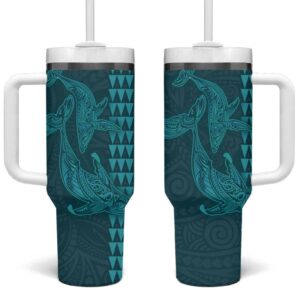 Aloha Hawaii Whale Kakau and Polynesian Tattoo Turquoise Color Custom Stanley Quencher 40oz Stainless Steel Tumbler With Handle - Threewoofs