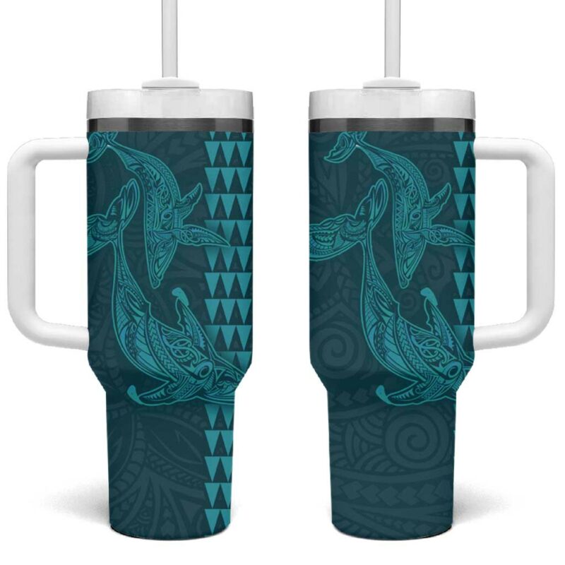 Aloha Hawaii Whale Kakau and Polynesian Tattoo Turquoise Color Custom Stanley Quencher 40oz Stainless Steel Tumbler With Handle - Threewoofs