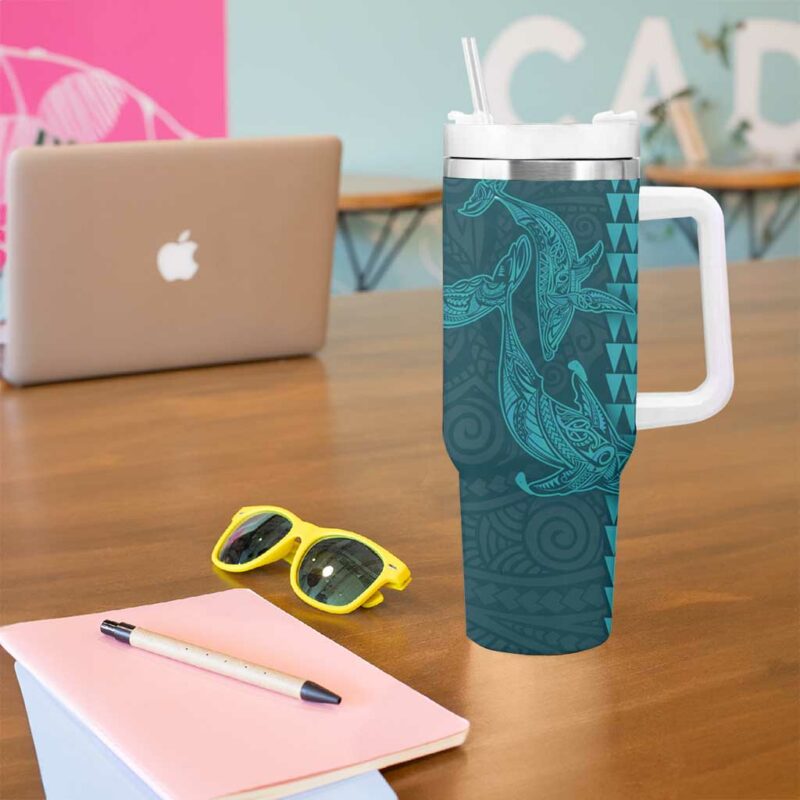 Aloha Hawaii Whale Kakau and Polynesian Tattoo Turquoise Color Custom Stanley Quencher 40oz Stainless Steel Tumbler With Handle - Threewoofs - Image 5