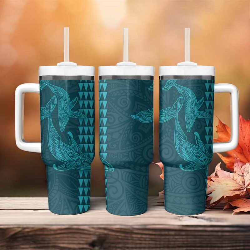 Aloha Hawaii Whale Kakau and Polynesian Tattoo Turquoise Color Custom Stanley Quencher 40oz Stainless Steel Tumbler With Handle - Threewoofs - Image 4