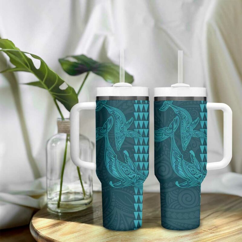 Aloha Hawaii Whale Kakau and Polynesian Tattoo Turquoise Color Custom Stanley Quencher 40oz Stainless Steel Tumbler With Handle - Threewoofs - Image 9