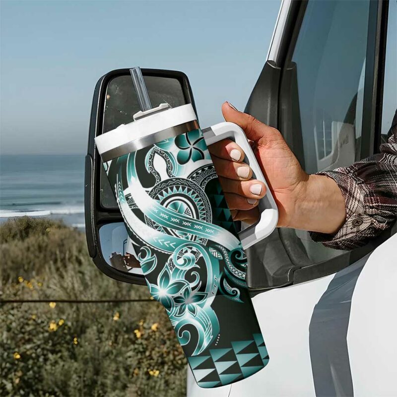 Aloha Turquoise Tribal Honu Tattoo Custom Stanley Quencher 40oz Stainless Steel Tumbler With Handle - Threewoofs - Image 7