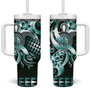 Aloha Turquoise Tribal Honu Tattoo Custom Stanley Quencher 40oz Stainless Steel Tumbler With Handle - Threewoofs