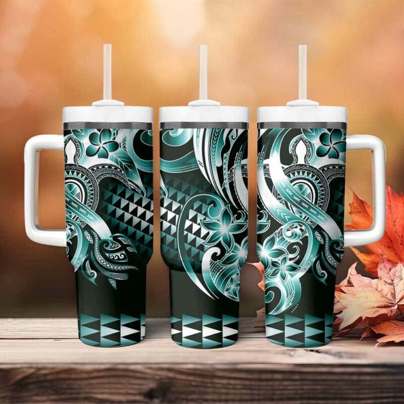 Aloha Turquoise Tribal Honu Tattoo Custom Stanley Quencher 40oz Stainless Steel Tumbler With Handle - Threewoofs - Image 4