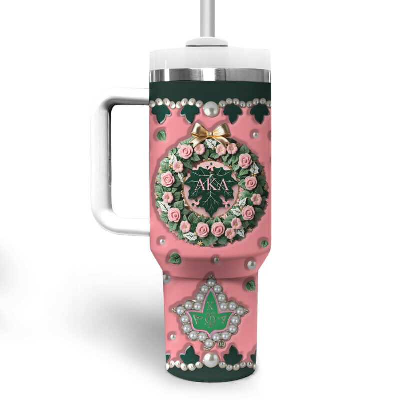 Alpha Kappa Alpha AKA Custom Stanley Quencher 40oz Stainless Steel Tumbler With Handle - Threewoofs - Image 3