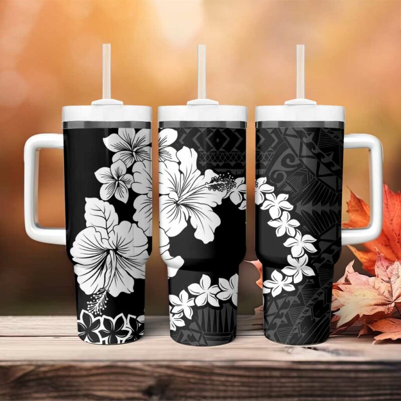 American Samoa Lotu Tamaiti White Sunday Plumeria Black Custom Stanley Quencher 40oz Stainless Steel Tumbler With Handle - Threewoofs - Image 4