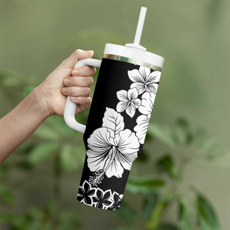 American Samoa Lotu Tamaiti White Sunday Plumeria Black Custom Stanley Quencher 40oz Stainless Steel Tumbler With Handle - Threewoofs - Image 3