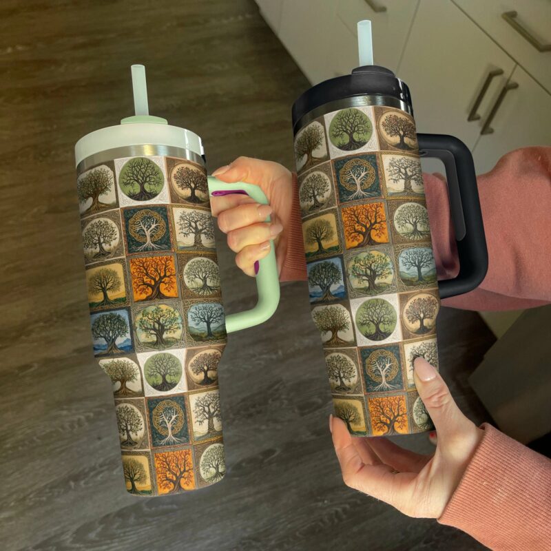 Ancient Celtic Trees of Life Custom Stanley Quencher 40oz Stainless Steel Tumbler With Handle - Threewoofs - Image 2