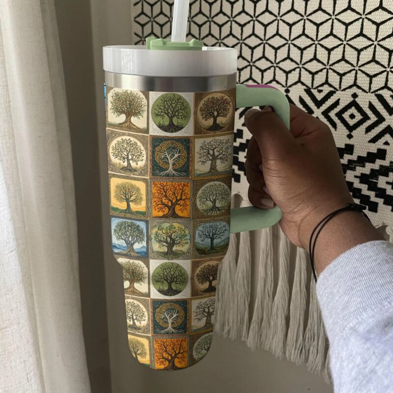 Ancient Celtic Trees of Life Custom Stanley Quencher 40oz Stainless Steel Tumbler With Handle - Threewoofs - Image 4