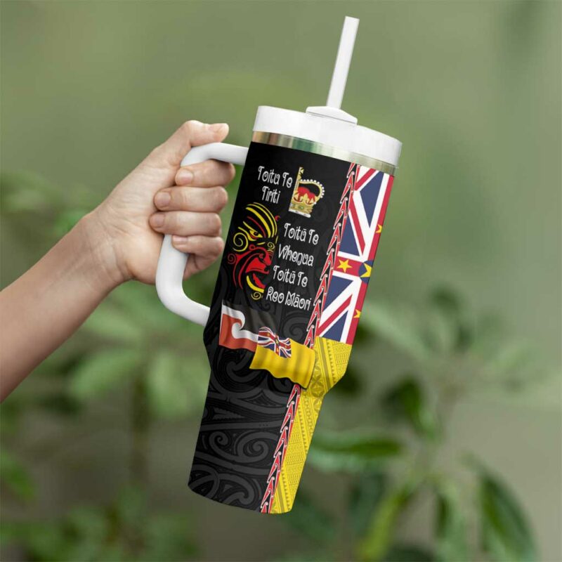 Aotearoa and Niue Toitu Te Tiriti Honour the Treaty Fight Together Stand Together Custom Stanley Quencher 40oz Stainless Steel Tumbler With Handle - Threewoofs - Image 3