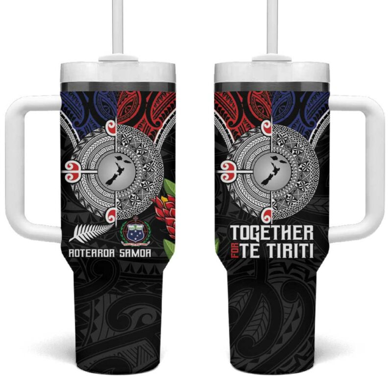 Aotearoa and Samoa Mo Te Tiriti Tangata Moana Stand with Tangata Whenua Custom Stanley Quencher 40oz Stainless Steel Tumbler With Handle - Threewoofs - Image 2