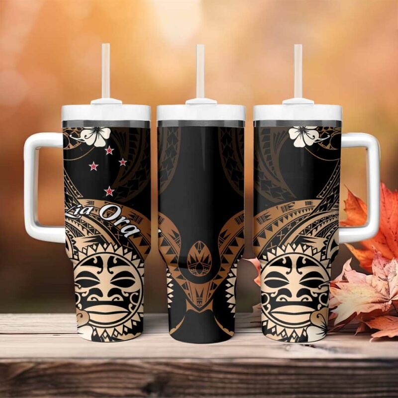 Aotearoa Kia Ora New Zealand Ta Moko Gold Custom Stanley Quencher 40oz Stainless Steel Tumbler With Handle - Threewoofs - Image 4