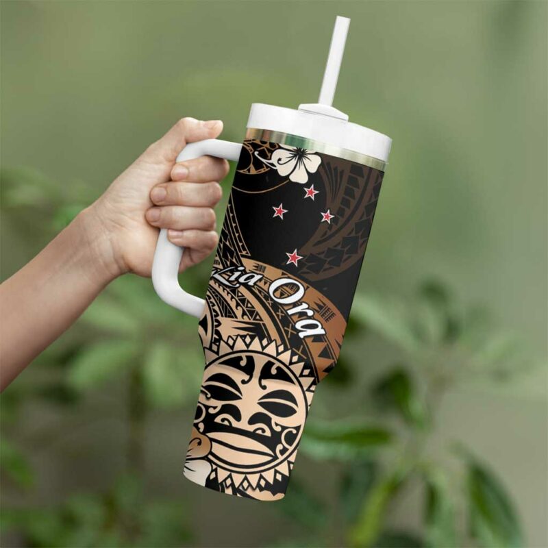 Aotearoa Kia Ora New Zealand Ta Moko Gold Custom Stanley Quencher 40oz Stainless Steel Tumbler With Handle - Threewoofs - Image 3
