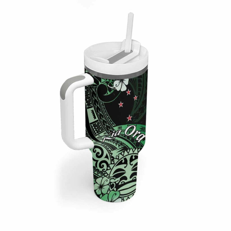 Aotearoa Kia Ora New Zealand Ta Moko Green Custom Stanley Quencher 40oz Stainless Steel Tumbler With Handle - Threewoofs - Image 2